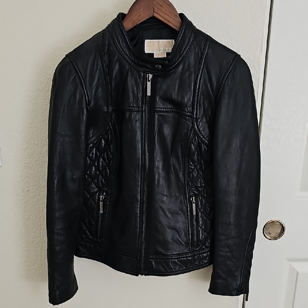 Michael Kors Black Leather Moto Bomber Quilted Jacket PM Petite Medium